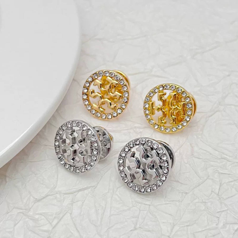 Tory Burch Gold Plated Copper Round Stud Earrings Hollow Letter Rhinestone